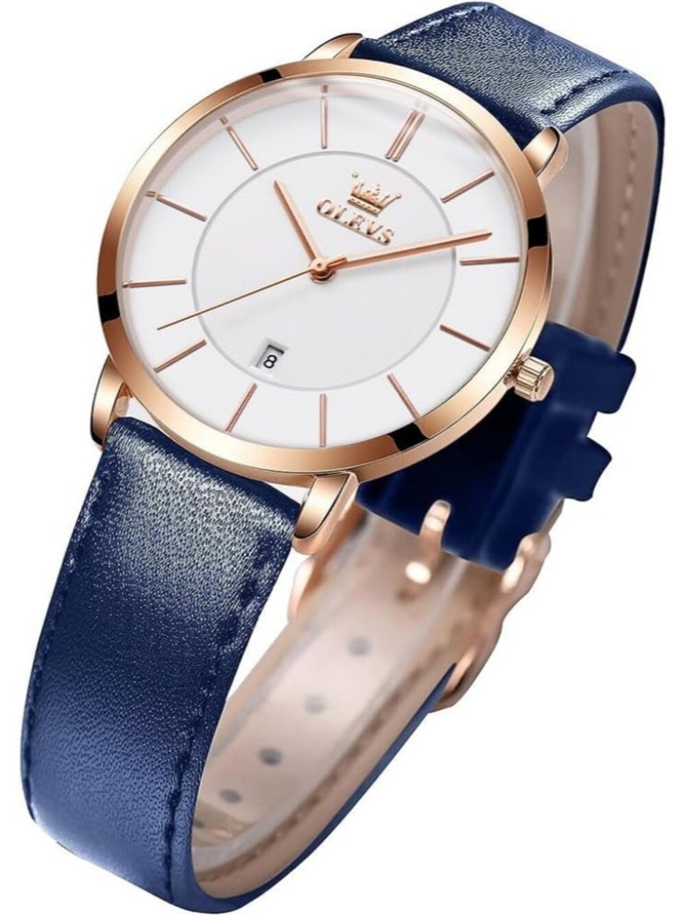 Women's White dial & Rose gold bezel & Navy Blue Band Classic Dress Wrist Watch